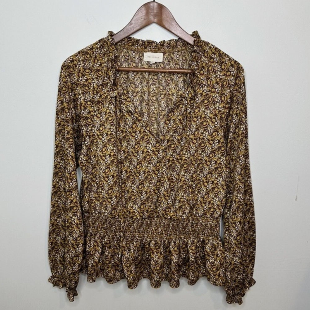 MELLODAY size medium Long Sleeve Blouse in Brown and Tan